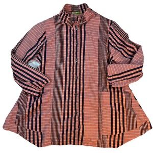 Trisha Tyler Red Blue Striped Button Up W/ Wired Collar Pockets Asymmetrical